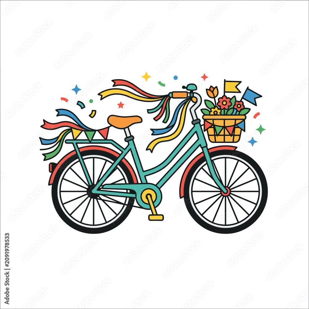 Fototapeta premium Festive Bicycle Decorated with Flowers and Ribbons, Celebration, Summer Fun