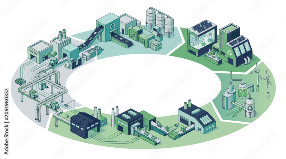Fototapeta premium Industrial manufacturing cycle process flow diagram with factory operations, industrial