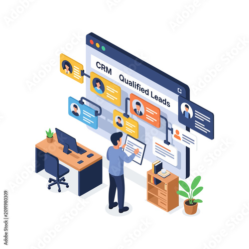 Foto Business professional analyzing CRM qualified leads on computer.