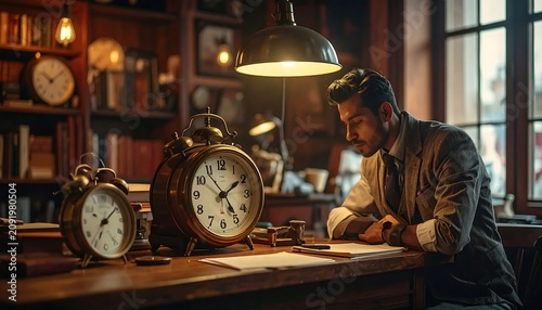 Traditional clockmaker crafting wooden timepiece in workshop.