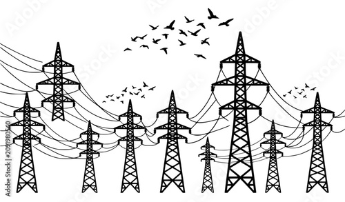 Fotografía High voltage electrical pylons power transmission towers with cables and flock o