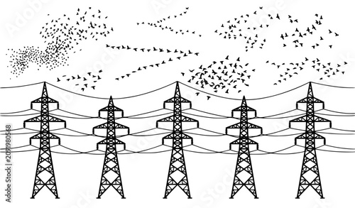 Obraz na płótnie High voltage power lines transmission towers pylon lines vector illustration wit