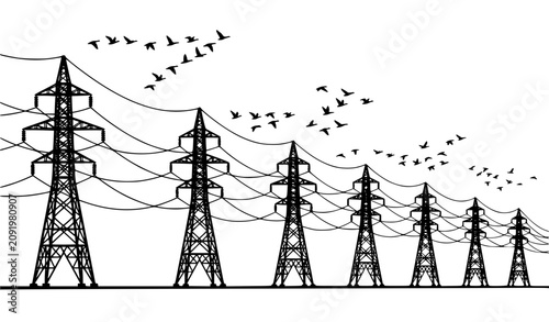 Obraz na płótnie High voltage power lines transmission towers pylon line vector illustration with