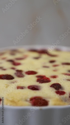 Delicious homemade pie with strawberry in a white baking dish
