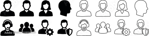 User interface icons set depicting individual profiles, group, support agent, and account security symbols in solid and outline styles