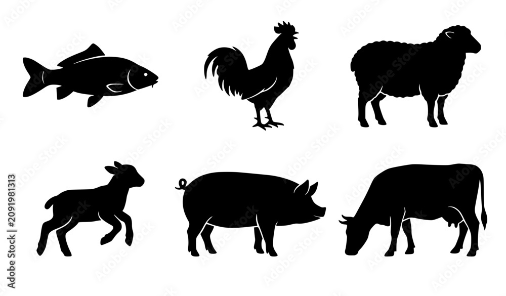Fototapeta premium Farm animals and livestock black silhouette collection featuring cow pig sheep goat rooster and fish isolated on white background vector illustration (21 words)