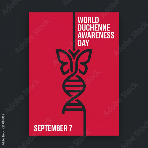 DNA helix and butterfly illustration in a minimal style on a bold red background for World Duchenne Awareness Day medical event.