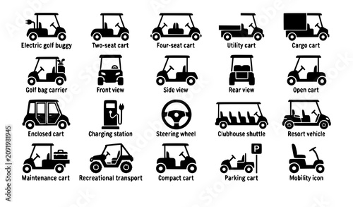 Vector illustration set of electric golf carts utility transport vehicles resort shuttle buggies and mobility scooters black silhouettes collection isolated on white background