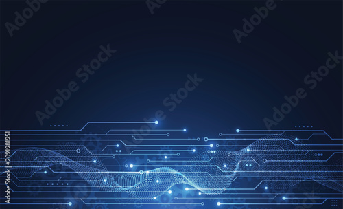 Abstract futuristic blue technology background with glowing particle wave and digital circuit board lines. Concept of data flow network connectivity.