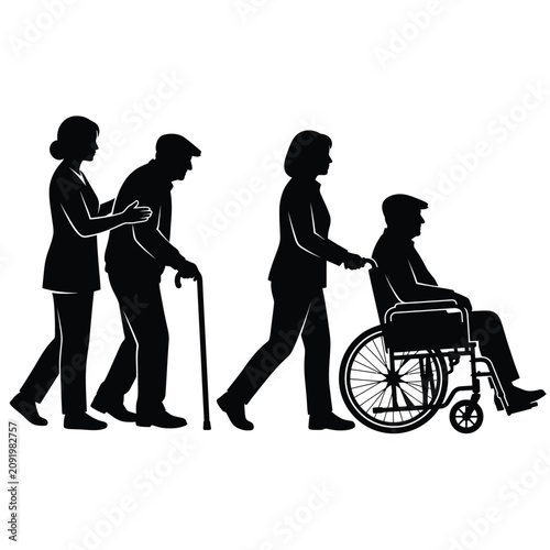 Silhouette set of caregivers assisting elderly men with a walking cane and a wheelchair