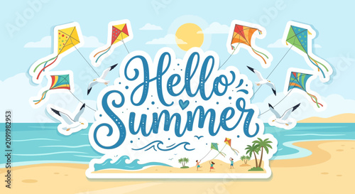 Hello summer typography with colorful kites over a sunny beach