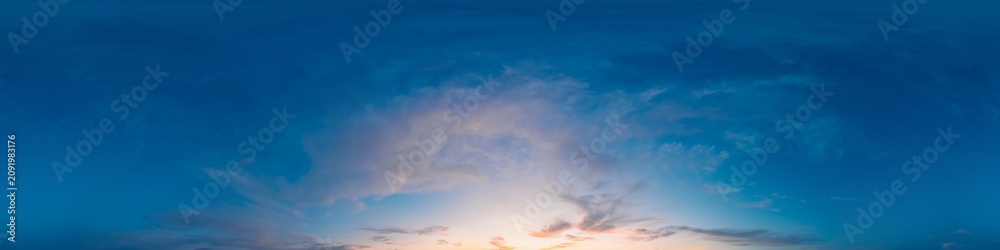 Obraz premium Sky panorama sunset showing beautiful clouds across a 360 degree equirectangular vista for hdri environment mapping and background use