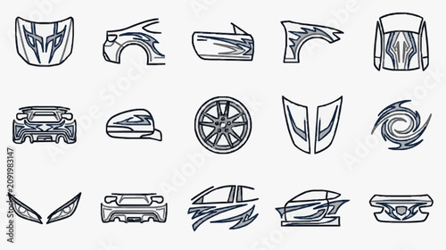 Bild auf Leinwand Minimalist Black and White Line Art Sketches of Various Car Parts and Components