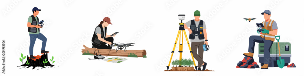 Fototapeta premium Illustrations of environmental professionals and surveyors using drones and modern technology for mapping, forestry, and land management tasks.