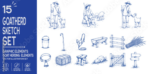 Goatherd sketch collection. Hand drawn goat herding elements. Shepherd, grazing goats, shepherd staff, milk bucket, rural farming. Trendy vector set