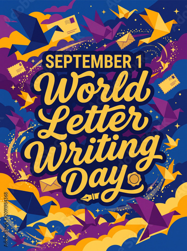 Origami birds and envelopes float on a dark blue background to celebrate World Letter Writing Day with colorful festive art.