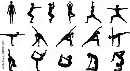 Canvastavla Black silhouettes of woman doing various yoga poses and stretching exercises for