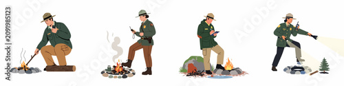 Fotografía Set of National Park Rangers Monitoring and Extinguishing Campfires for Fire Pre