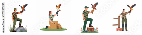 Foto Illustrations of male and female falconers in camouflage gear training various hawks and birds of prey in different outdoor settings on white background