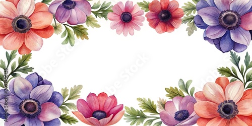Watercolor flowers border design with petals - Vibrant watercolor floral border with anemone flowers and green leaves in a soft artistic style.