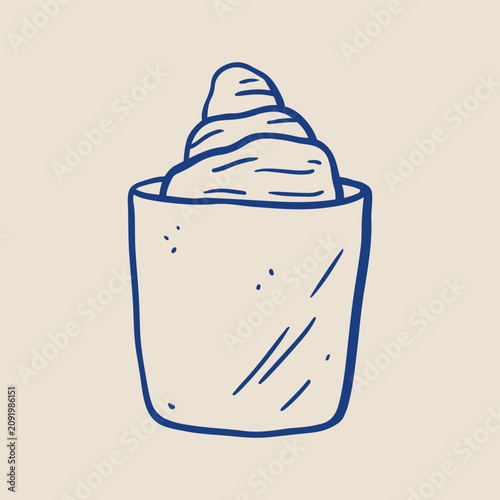 Hand-drawn croissant in a paper bakery bag. Minimal doodle style illustration. Fresh french pastry isolated on a beige background. Perfect for takeaway, cafe menu, food packaging, and branding.