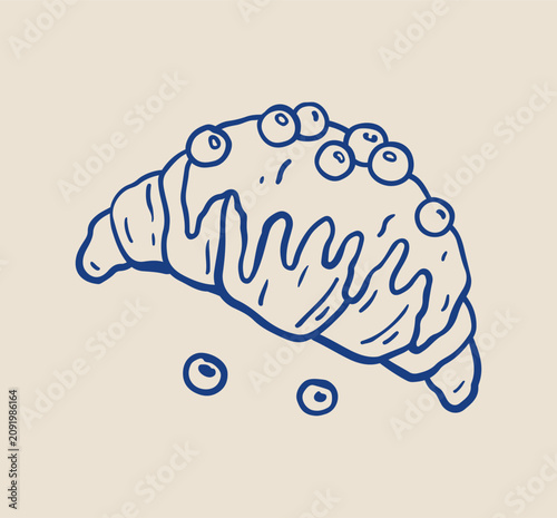 Hand-drawn blueberry croissant with icing in minimal doodle style. Sweet french pastry topped with fresh berries. Bakery illustration for menu, cafe, breakfast, recipe, and food design.
