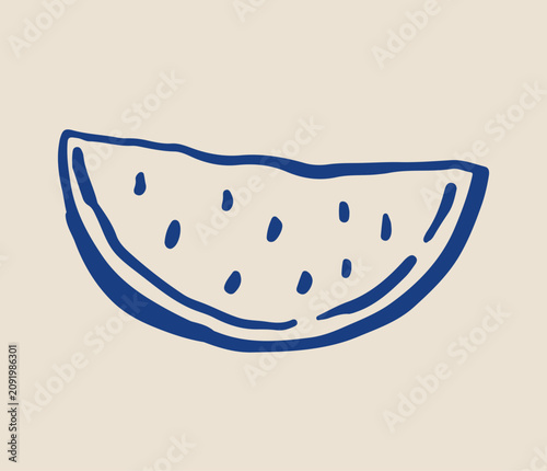 Hand-drawn watermelon slice illustration in minimal doodle style. Fresh summer fruit isolated on a beige background. Simple food sketch for menu, packaging, branding or decoration.