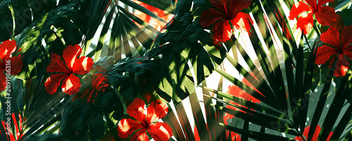 Exotic tropical foliage background with lush green monstera leaves, palm fronds, vibrant hibiscus flowers, soft sun rays filtering through, rich botanical texture, natural shadows, spacious copy area