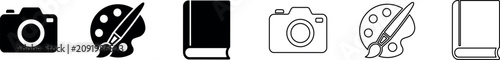 Set of black and white camera, artist palette with brush, and closed book icons