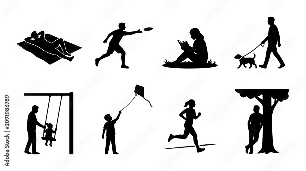 Fototapeta premium Diverse Silhouette Set: People Enjoying Outdoor Activities, Leisure, and Recreation, Vector Icons for Lifestyle and Community Graphics