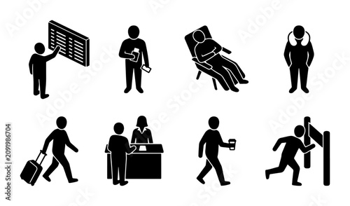 Tableau sur toile Travel Icons Set: Airport, Check-in, Relaxation, Waiting, and Commute Vector Gra