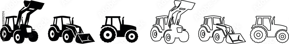 Fototapeta premium Tractor and front loader icons with filled and outline styles