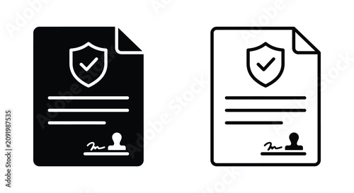 Foto Document With Shield And Checkmark Black And White Line Icon Set