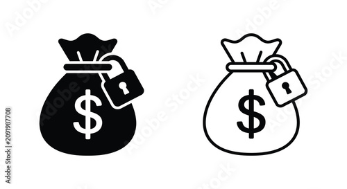 Money Bag With Lock Icon Black And White Line Art Illustration