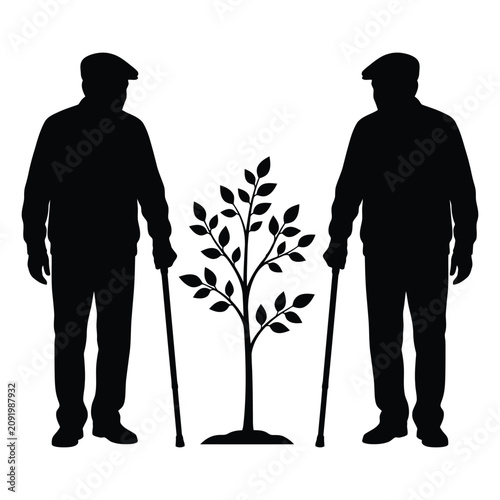 Silhouette of elderly men with walking canes standing beside a growing sapling tree