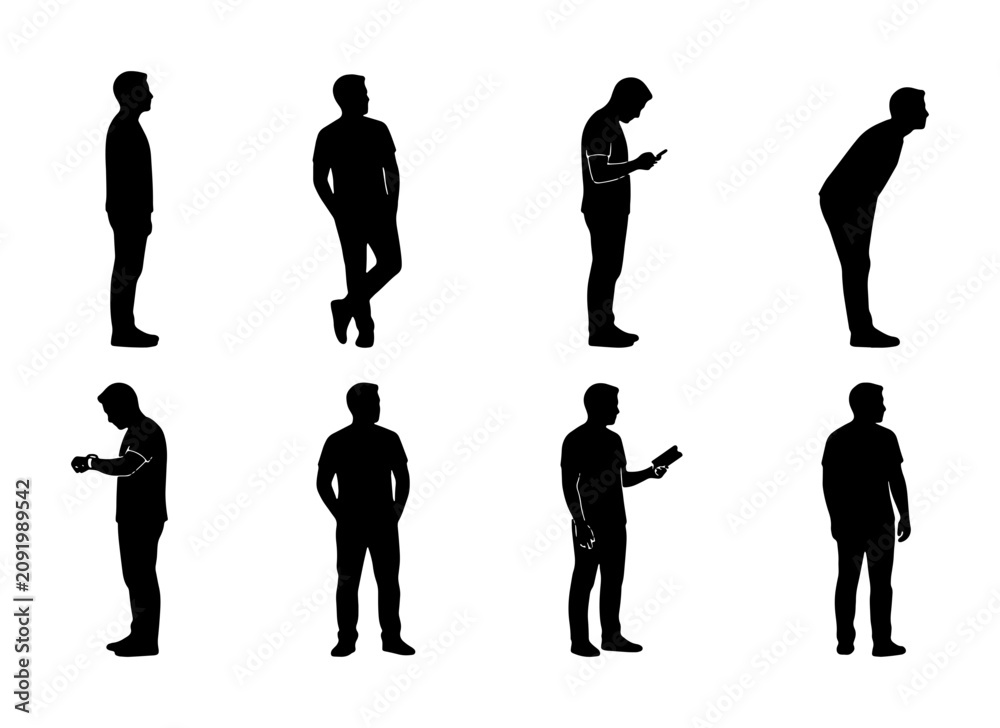 Obraz premium Diverse Male Silhouettes, 8 Poses, Vector Icons for Digital Communication & Modern Life Concepts