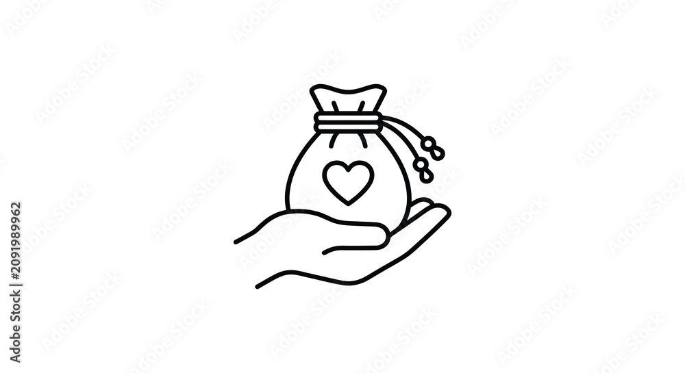 Obraz premium Hand Holding Pouch With Heart Shape Black Line Icon On White Background