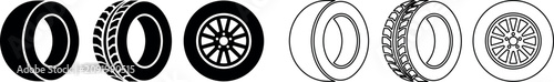 Set of six tire and wheel icons showing different tire treads and rim designs in black and white