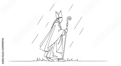 Bild auf Leinwand Bishop in Rain with Crozier Staff, Religious Procession, Stylized Line Art