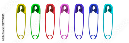 Konstfotografi A row of seven colorful metal safety pins arranged vertically in a line, displaying various bright primary