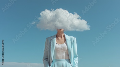 A woman in a liight blue outfit is standing outside in daylight with cloud hovers above her head, a young woman with a cloud, a young woman thinkin