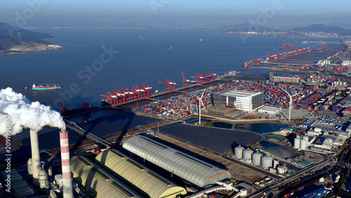 Canvastavla Aerial view industrial port landscape wind turbine solar panel power plant