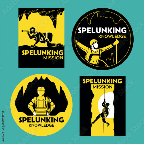 Adventurers at cave spelunking badge and emblem sticker collection
