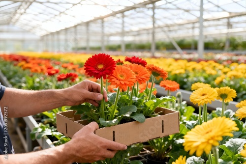 Modern greenhouse flower harvesting featuring skilled hands carefully selecting vibrant gerbera daisies