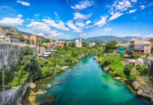 Awesome Nerteva River and Old City of Mostar, with Ottoman Mosque  during sunny day