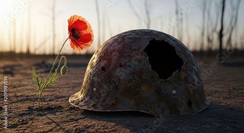 Dented Military Helmet and Poppy Flower, Symbolizing War and Remembrance