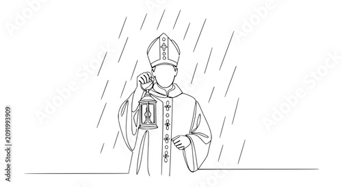 Fotografie Pope with Lantern in Rain - Religious Figure, Hope, Guidance, Faith, Clergy