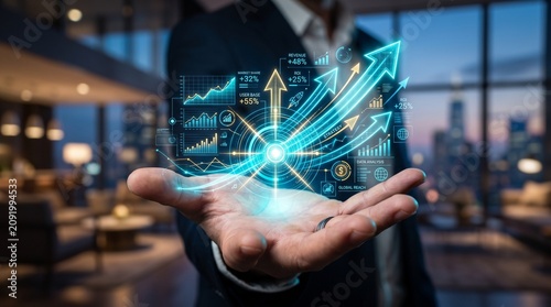 Futuristic technology visualizing financial growth and data analysis, an overview of advanced digital solutions for business success