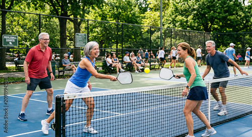 Group of active senior people having fun playing pickleball on an outdoor court on a sunny summer day