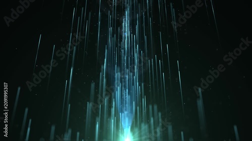 Abstract blue light beams rising through dark space with glowing energy and floating particles, creating a futuristic technology motion background.